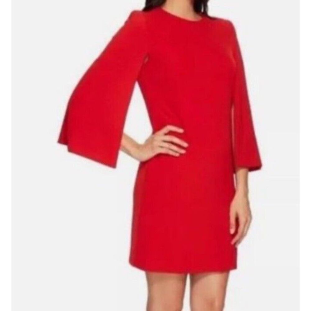 Tahari Asl Firebird Red Split Cape‎ Sleeve Shift Dress Size 4